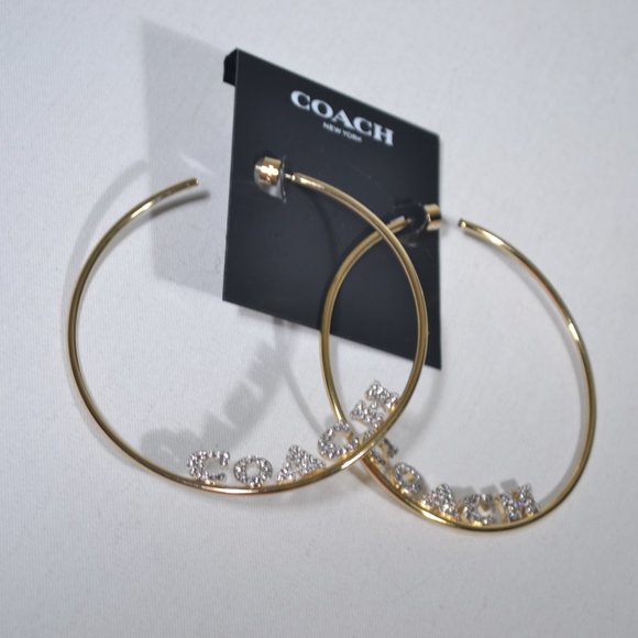 NWT COACH GOLD LOGO PAVE LARGE HOOP EARRINGS - Picture 3 of 7